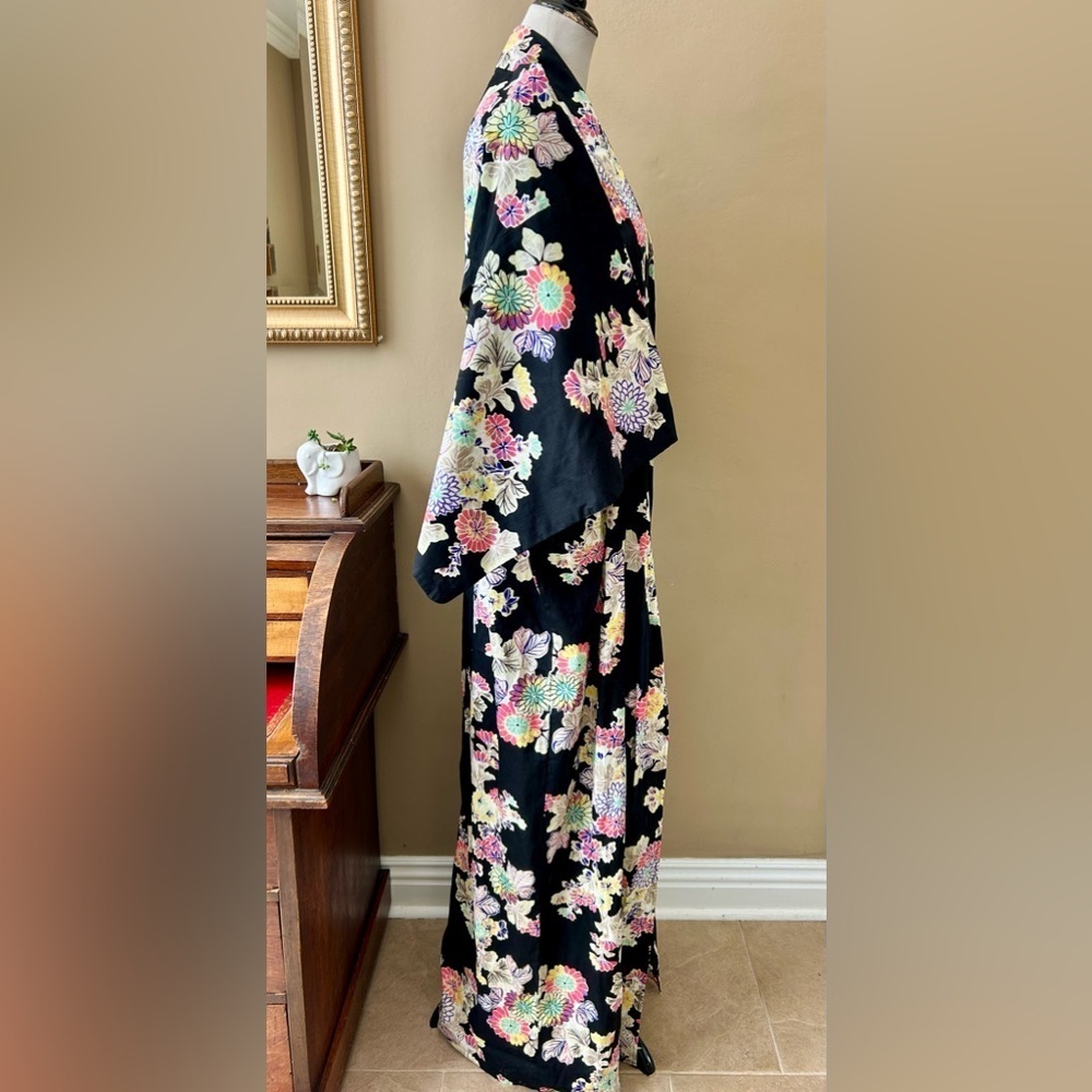 Japanese Floral Kimono Yukata Cotton Long Robe Black Multi Color Chrysanthemum - Picture 6 of 8